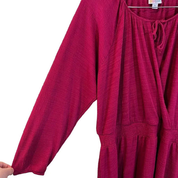 LulaRoe Hot Pink Midi Dress XL Draped Keyhole V Neck Long Balloon Sleeve Stretch - Picture 6 of 6